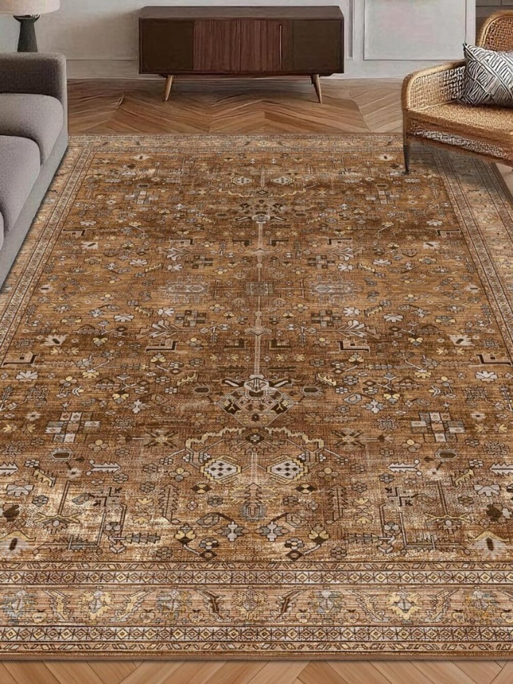 Washable Area Rug 3' x 5 ' Vintage Traditional Persian Mat - Foldable Distressed